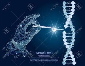Manipulation of DNA double helix with with bare hands, tweezers, in the form of constellations on the background of space. Vector abstract polygonal image mash line and point. Digital graphics illustration For Poster, Cover, Label, Sticker, Business Card