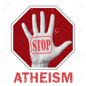 Stop atheism conceptual illustration. Open hand with the text stop atheism. Global social problem